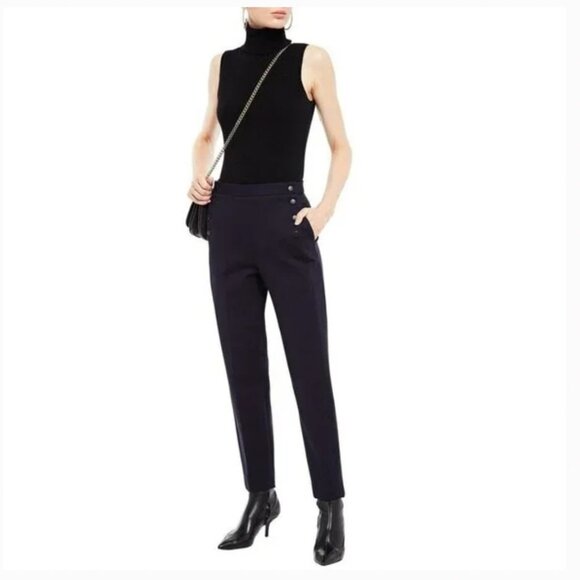 Sandro Bridge Stretch-Jersey Leather Buttons Tapered Pants Navy Size 36/US S - Picture 1 of 14
